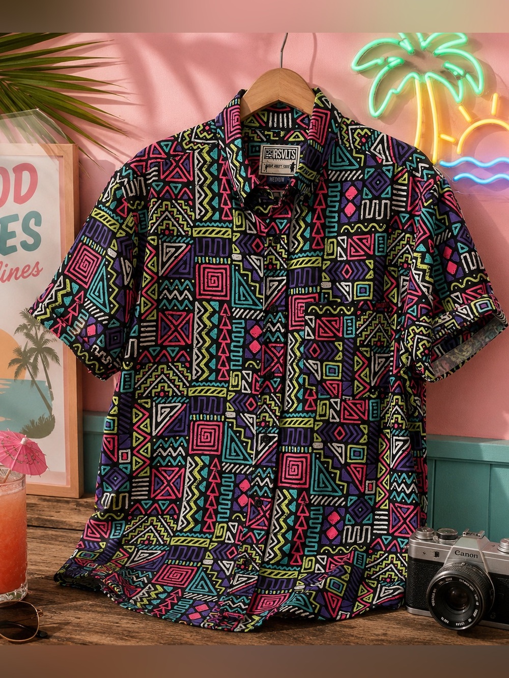 RSVLTS The Roosevelts Aztec KUNUFLEX Short Sleeve Button Front Shirt Beach Vacay